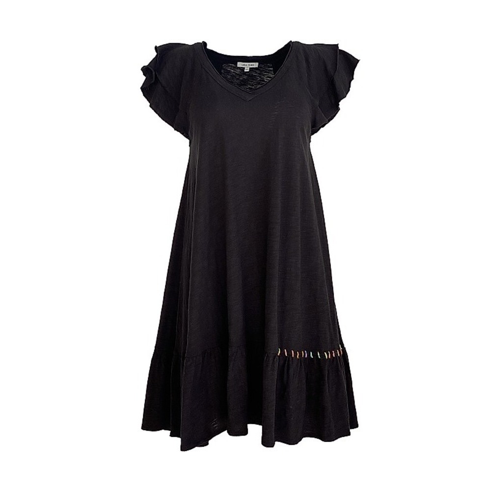 Lisa Todd Black Cotton Ruffle Sleeve Mini Dress Rainbow Whipstitch Small - Picture 1 of 11